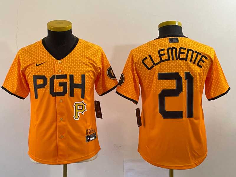 Youth Pittsburgh Pirates #21 Roberto Clemente Yellow 2023 City Connect Stitched Jersey1,We sell and wholesale Youth Pittsburgh Pirates #21 Roberto Clemente Yellow 2023 City Connect Stitched Jersey1 on line form chian!